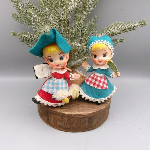 Mary and Her Lamb, Jill and Her Pail Flocked Ornaments, Vintage Christmas - Picture 1 of 8